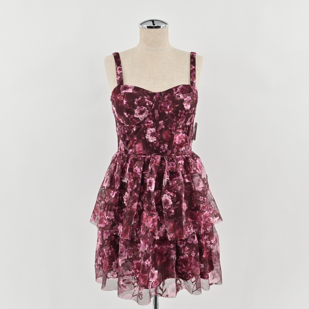 Altar'd State Tiered Corset Dress Womens Size S Burgundy Embroidered Floral Mesh